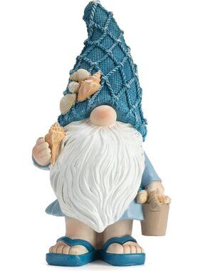 Nautical Beach Gnome Statue - Ocean Decor, Adorable Gnome with Bucket, Coastal